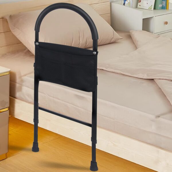 Bedside Rail with Legs securely positioned next to a bed, providing support for sitting up and standing safely.