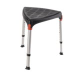 Front image of the black triangular shower stool. It has aluminium frame, durable PVC seat and non-slip legs for 100% security.