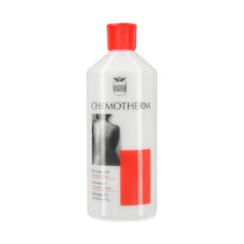 A 500ml bottle of Chemotherm Warming Massage Cream with a white pump dispenser.