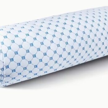 Memory foam cylindrical bolster pillow 52cm x 15cm with breathable patterned cover and size dimensions shown