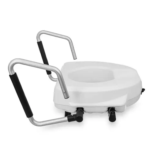 Side profile of the raised toilet seat with sturdy armrests, showing height elevation and ergonomic design for improved bathroom safety.