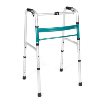 "Lightweight silver and teal adjustable medical walker with rubber tips on legs for stability, isolated on white background