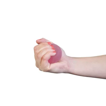 Person squeezing a gel massage ball in one hand to strengthen grip and improve forearm mobility.