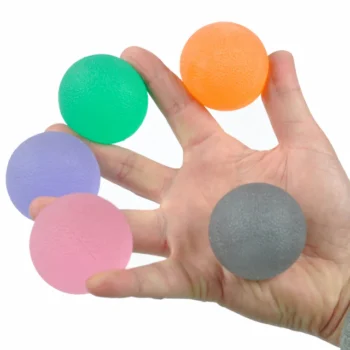 Multiple gel massage balls shown between fingers, displaying size, colour options.