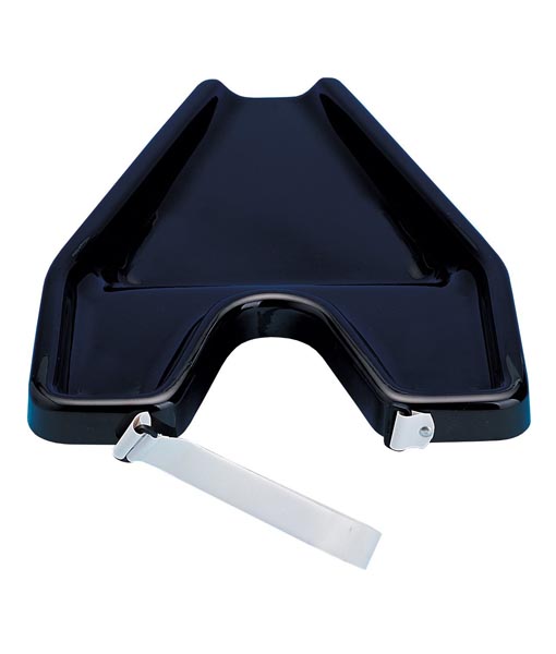 Top view of a black plastic hair wash tray showing its triangular shape, neck rest, and drainage spout for easy water flow