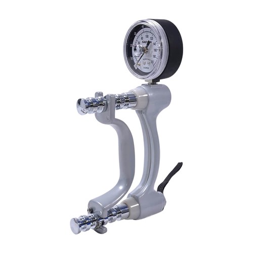 Close-up of the hydraulic hand dynamometer used for measuring grip strength