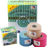 A set of three rolls of Temtex kinesiology tape in beige, blue, and pink, displayed alongside the green and white striped packaging box.