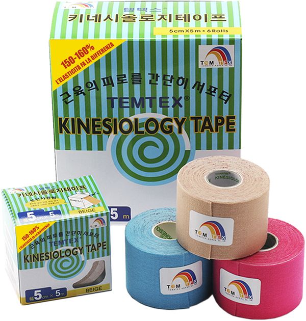 A set of three rolls of Temtex kinesiology tape in beige, blue, and pink, displayed alongside the green and white striped packaging box.