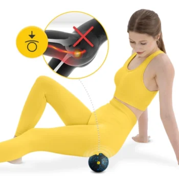Woman in a yellow workout outfit using a black and blue speckled massage ball under her thigh, with an inset graphic showing joint pain relie