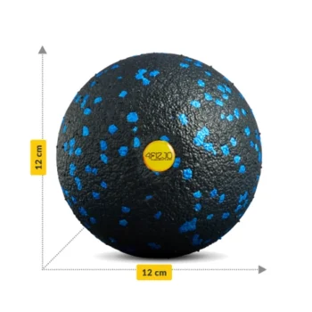 Black and blue speckled massage ball with a diameter of 12 cm, shown with measurement indicators.