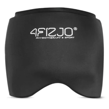 black cooling migraine relief cap that covers the eyes and forehead. A circular inset shows a close-up of the cooling gel texture, with icons indicating cold and temperature control.