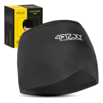 black cooling migraine relief cap that covers the eyes and forehead. A circular inset shows a close-up of the cooling gel texture, with icons indicating cold and temperature control.