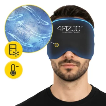 A person wearing a black and blue cooling migraine relief cap that covers the eyes and forehead. A circular inset shows a close-up of the cooling gel texture, with icons indicating cold and temperature control.