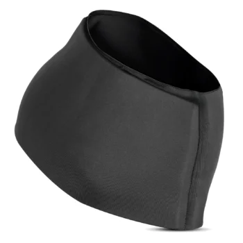 black cooling migraine relief cap that covers the eyes and forehead. A circular inset shows a close-up of the cooling gel texture, with icons indicating cold and temperature control.