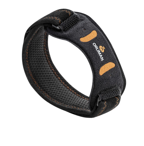 Clear image of the Patellar Knee Support Band showing its slim design, adjustable strap, and silicone pressure pad.