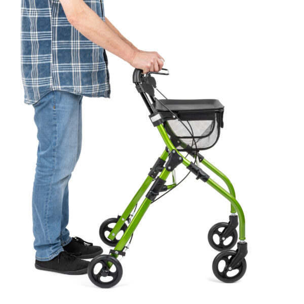 Side angle of man pushing the Indoor Aluminium Rollator 4 Wheels inside the home