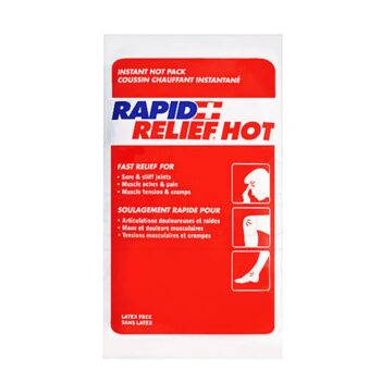 Front packaging of Rapid Relief Instant Hot Pack showing product name, usage instructions and relief areas for joints, muscles and cramps