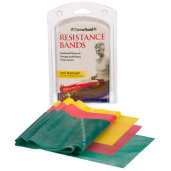 Thera-Band Non-Looped Resistance Bands packaging shown with the three individual bands—yellow (gentle), red (medium), and green (strong)—arranged outside the pack, perfect for strength, flexibility, and mobility exercises.