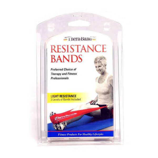 Packaging of the Thera-Band Non-Looped Resistance Bands, featuring three latex bands in yellow, red, and green representing different resistance levels, designed for rehabilitation and fitness use.