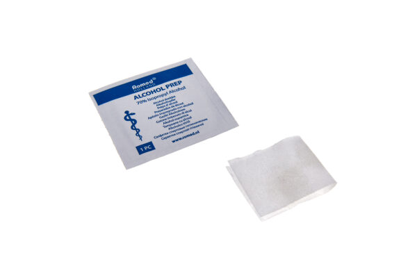 One Acupuncture Alcohol Swab shown in its wrapper with an unwrapped swab placed in front for close-up view