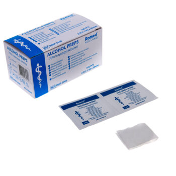 Box of Acupuncture Alcohol Swabs with one swab in wrapper and another swab opened in front for display