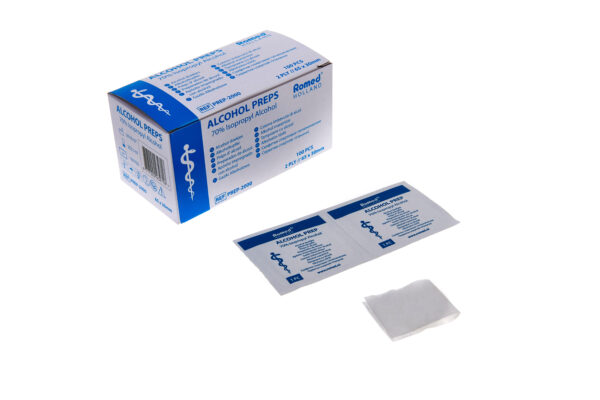 Box of Acupuncture Alcohol Swabs with one swab in wrapper and another swab opened in front for display
