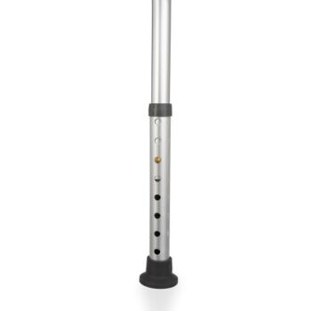 Close-up view of the shower stool leg with non-slip rubber cap and height adjustment holes.