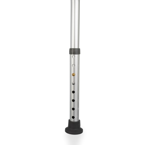 Close-up view of the shower stool leg with non-slip rubber cap and height adjustment holes.