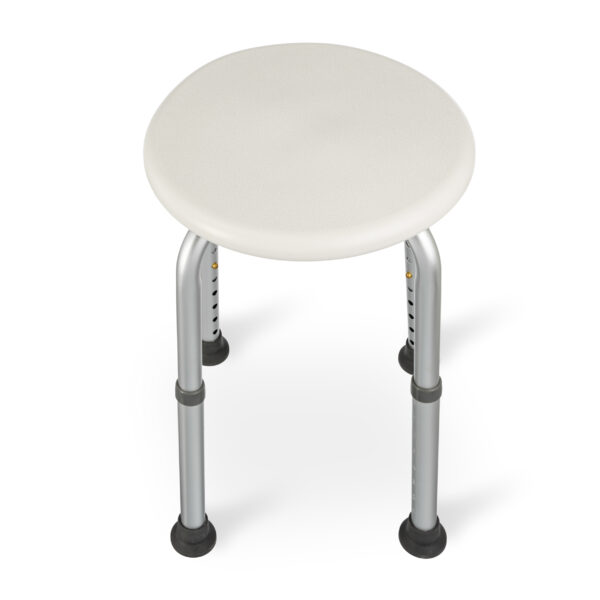 Front view of the round shower stool showing seat surface.
