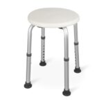 Full front overview of the shower stool displaying aluminium frame and height-adjustable legs.