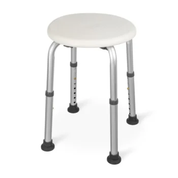 Full front overview of the shower stool displaying aluminium frame and height-adjustable legs.