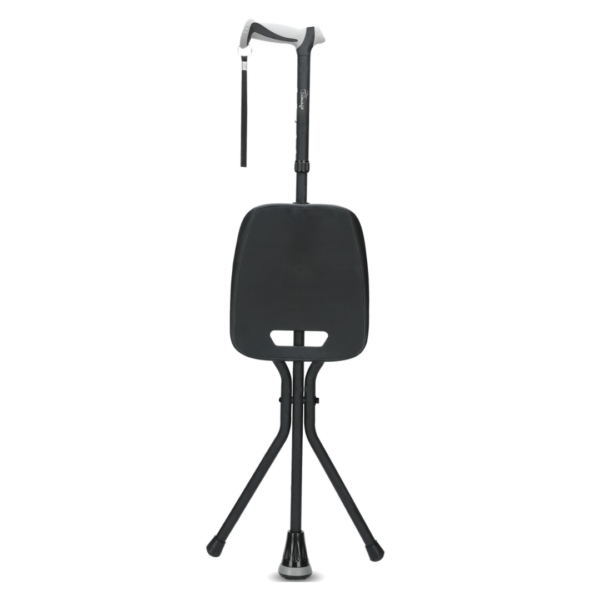 Walking stick with seat folded for easy carrying and storage
