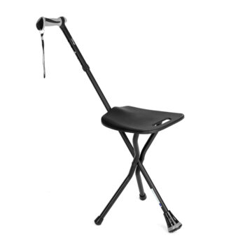 Walking stick with seat fully unfolded ready for sitting