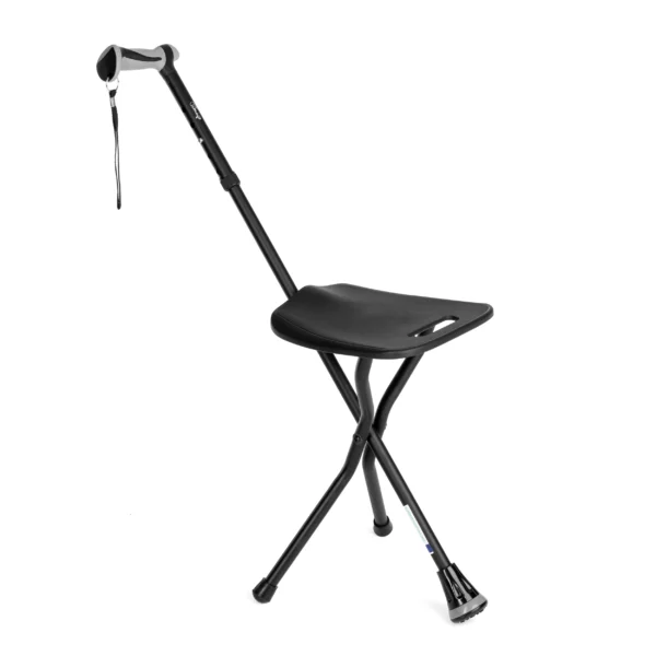 Walking stick with seat fully unfolded ready for sitting
