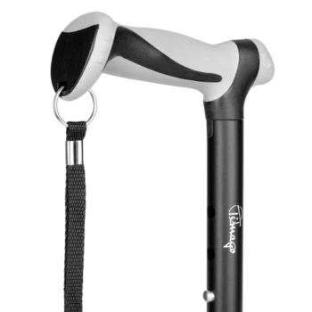 Close-up view of the ergonomic handle on walking stick with seat