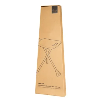 Walking stick with seat shown in retail packaging box
