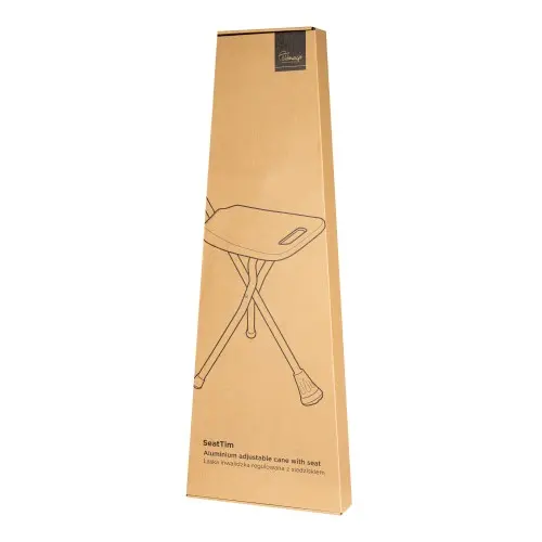Walking stick with seat shown in retail packaging box