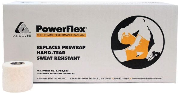 Single PowerFlex bandage roll in front of packaging box