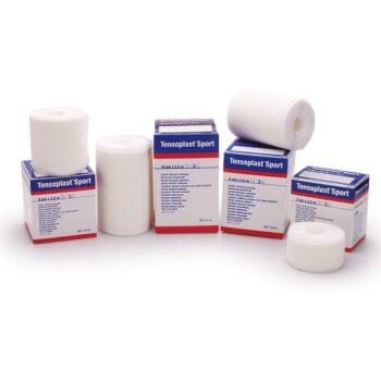Multiple sizes of Tensoplast Sport elastic adhesive bandages with product boxes