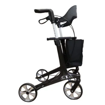 Side view of carbon ultra light rollator with ergonomic handles, seat, and large smooth-rolling wheels