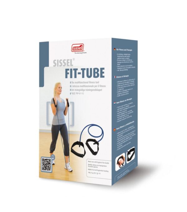 Original boxed packaging of the SISSEL Fit-Tube resistance band with ergonomic silicon handles, ideal for fitness, rehab, and stretching exercises.